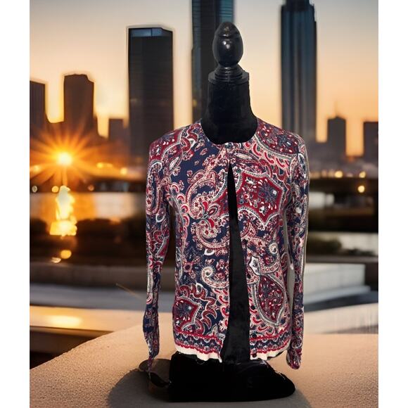 Paisley Print Cardigan Preppy Academia Cozy Layers Sz M Croft & Barrow - Picture 1 of 16